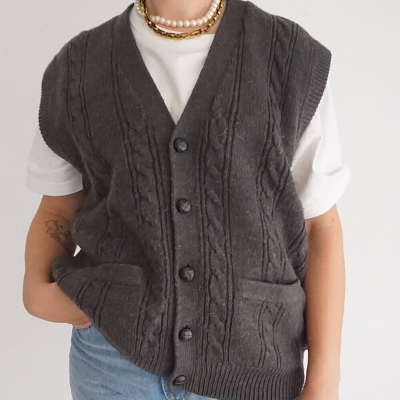 Vintage Towncraft Grey-ish Brown Cable Knit Button Up Cardigan Vest L - Picture 1 of 10